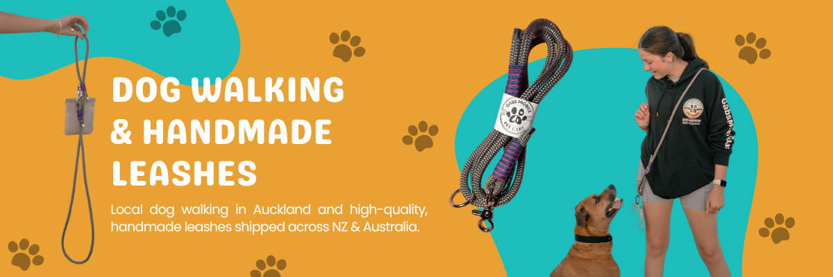 Gabs Mobile Pet Care offering dog walking in Auckland and handmade leashes shipped across NZ and Australia. Image shows leash (lead), dog, and walker.